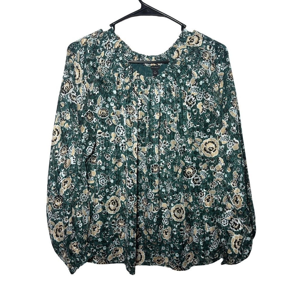 Ann Taylor Cottagecore Green Floral Crinkle Chiffon Blouse Balloon Sleeve XS
